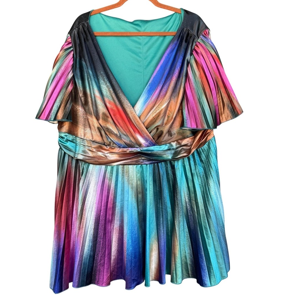 Rainbow Metallic Blouse Womens 4XL Pleated Flutter Sleeve Fit & Flare Party